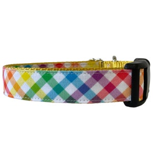 May include: A rainbow gingham dog collar with a yellow trim and a black plastic buckle.