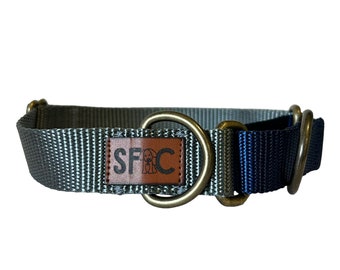 Martingale Dog Collar, Grey and Navy Boutique Style Dog Collar with antique brass hardware