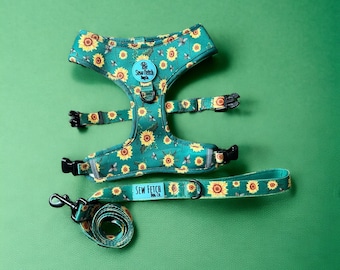 Dog Harness Sunflowers and Bees, Flowers and Bumble Bees, Honeycomb, green, Reversible Neoprene WITH LEASH