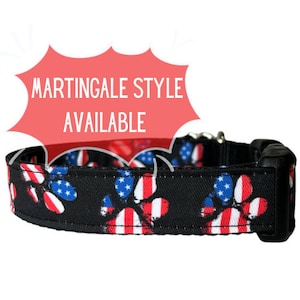 Dog Collar American Flag Paw Collar Sew Fetch on Black, Martingale, Plastic and Metal Buckle, Boy Dog Collar