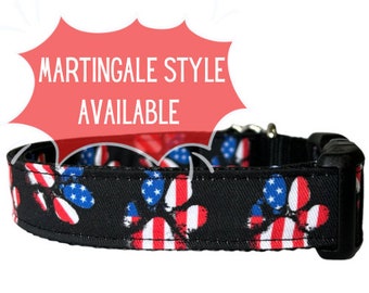 Dog Collar American Flag Paw Collar Sew Fetch on Black, Martingale, Plastic and Metal Buckle, Boy Dog Collar