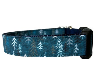 Dog Collar, Pine Tree Dog Collar, Navy blue Nylon, Rustic Pine, Outdoor Hiking Collar