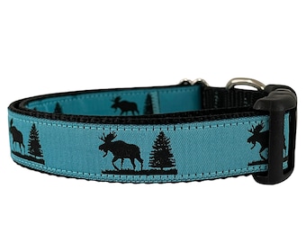 Dog Collar, Pine Tree and Maine Moose Dog Collar, Black Nylon, Imperfect Pine, Outdoor Hiking Collar, Blue