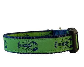 Dog Collar, Lobster Dog Collar, Navy Blue Nylon, Green with navy Lobster, Nautical Collar