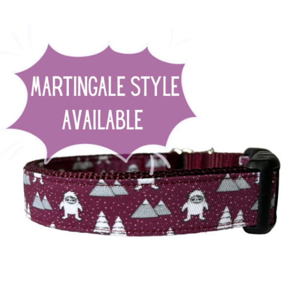 Dog Collar Yeti Maroon Winter Sew Fetch on Silver, Martingale, Plastic and Metal Buckle, Boy Dog Collar