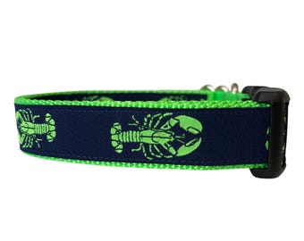 Dog Collar, Lobster Dog Collar, lime Nylon, lime Lobster, Navy Background Nautical Collar