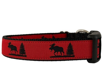Dog Collar, Pine Tree and Maine Moose Dog Collar, Black Nylon, Imperfect Pine, Outdoor Hiking Collar, Red