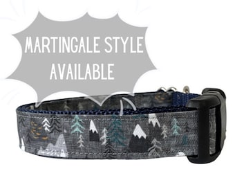 Dog Collar, Pine Tree Dog Collar, Navy Blue Nylon, Rustic Pine, Outdoor Hiking Collar