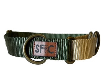 Martingale Dog Collar, Sage and Tan Boutique Style Dog Collar with antique brass hardware