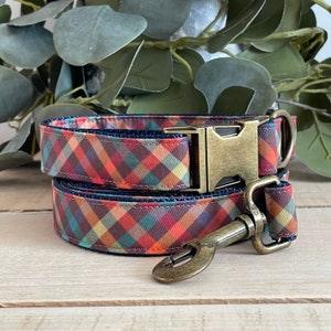 Dog Collar, Retro Plaid with Boho Antique Bronze Metal Buckle Dog Collar