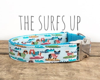 Dog Collar, Surfer Dog, Nautical Dog Collar Plastic Buckle, Metal Buckle, Martingale