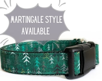 Dog Collar, Forest Green Hiking, Moutains, Pine Trees, outdoors, Plastic Buckle, Metal Buckle, Martingale