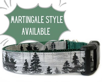 Dog Collar, Forest Trees on Forest Green, Imperfect Pine Hiking, Moutains, Pine Trees, outdoors, Plastic Buckle, Metal Buckle, Martingale