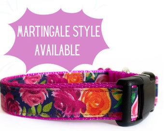 Pink Navy Floral Dog Collar, Fuchsia Nylon, Bright Floral, Girl Dog Collar