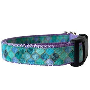 Dog Collar, Mosaic Teal and Aqua on Lavender Nylon, Moroccan Tile Collar