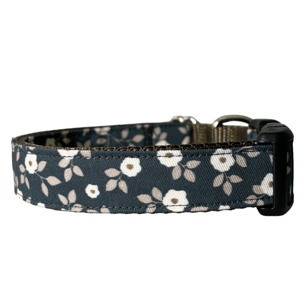 Dog Collar Dark Floral Winter Sew Fetch on Brown, Martingale, Plastic and Metal Buckle, Girl Dog Collar