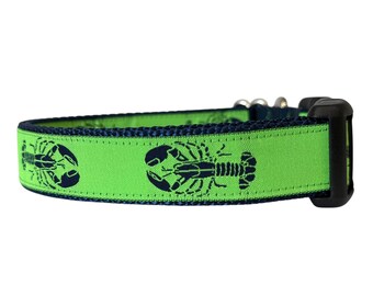 Dog Collar, Lobster Dog Collar, lime Nylon, navy Lobster, Navy Background Nautical Collar