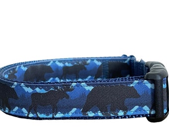 Dog Collar, Moose and Bear Dog Collar, Navy Nylon, Maine Outdoors, Hiking Collar