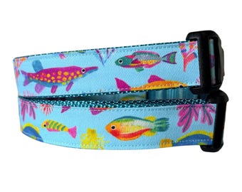 Tropical Fish Dog Collar, ice Blue Nylon, Fish, Outdoor Lake Collar