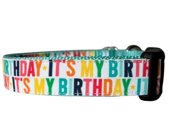 Happy Birthday Dog Collar - Aqua/White