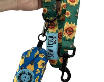 Sew Fetch Walk Set, Matching Poo Bag Holder and Leash - Sunflower Floral and Bees