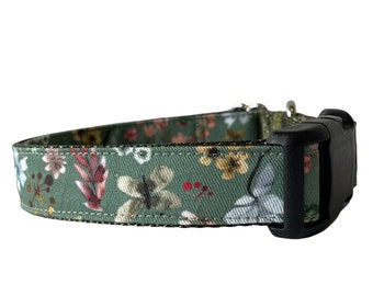 Dog Collar Sage Floral Birds and Leaves, Feathers, Green Nylon