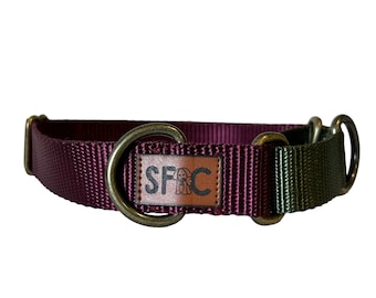 Martingale Dog Collar, Maroon and Sage Boutique Style Dog Collar with antique brass hardware
