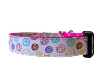Pink Donut Dog Collar, Heavy Duty Metal Hardware, Handmade Pet Accessory