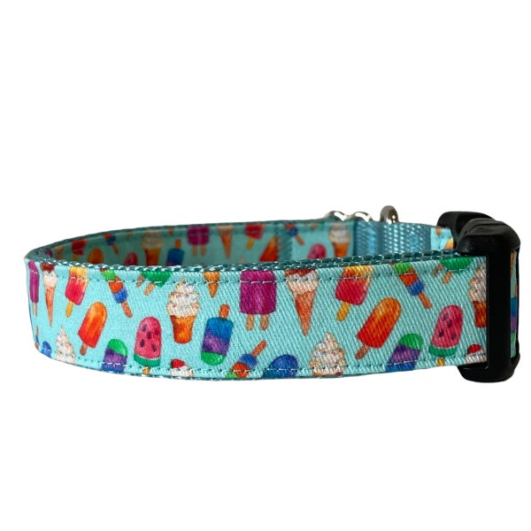 Dog Collar Summer Ice Creams and Popsicles, Light Aqua Nylon, Tropical Summer Collar