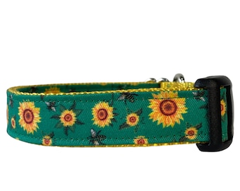 Dog Collar Georgia Green Floral Bees and Sunflowers, Yellow Nylon