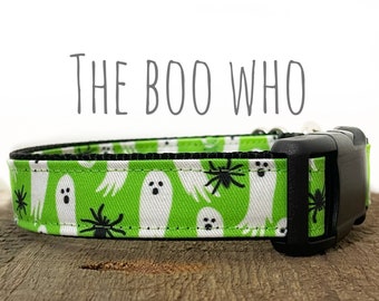 Dog Collar, Halloween Fabric Dog Collar, Metal buckle, plastic buckle, Martingale Available, Ghosts spiders , Lime Green Spooky