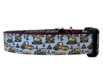 Dog Collar, Bull Dozer, Dump Truck, Construction Dog Collar, Maroon Nylon, Heavy Equiptment