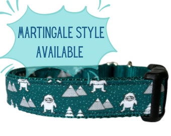 Dog Collar Yeti Teal Winter Sew Fetch on Silver, Martingale, Plastic and Metal Buckle, Boy Dog Collar
