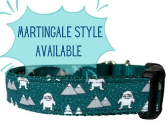 Dog Collar Yeti Teal Winter Sew Fetch on Silver, Martingale, Plastic and Metal Buckle, Boy Dog Collar