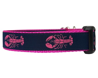 Dog Collar, Lobster Dog Collar, Fuchsia Nylon, Pink Lobster, Navy Background Nautical Collar