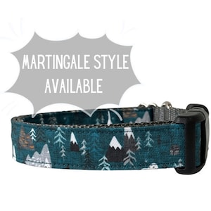 Dog Collar, Blue, Teal on Grey Nylon, Mountain Outdoor Collar, Rustic Pine