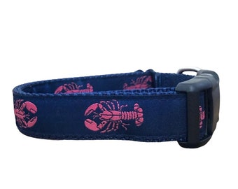 Dog Collar, Lobster Dog Collar, Navy Blue Nylon, Pink Lobster, Navy Background Nautical Collar