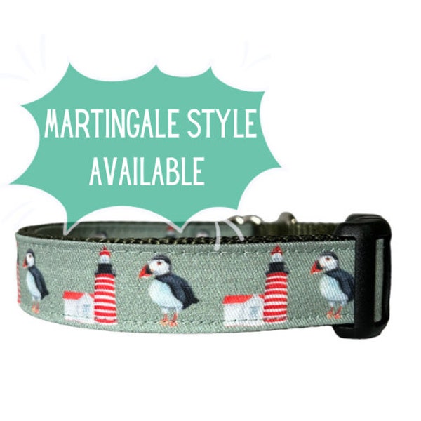 Dog Collar, Lighthouse Dog Collar, Sage Nylon, Puffin and Lighthouse, Watercolor Nautical Collar