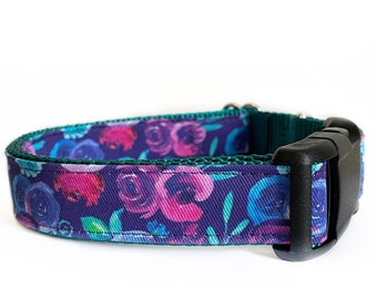 Purple Teal Floral Dog Collar, Teal Green Nylon, Bright Floral, Girl Dog Collar