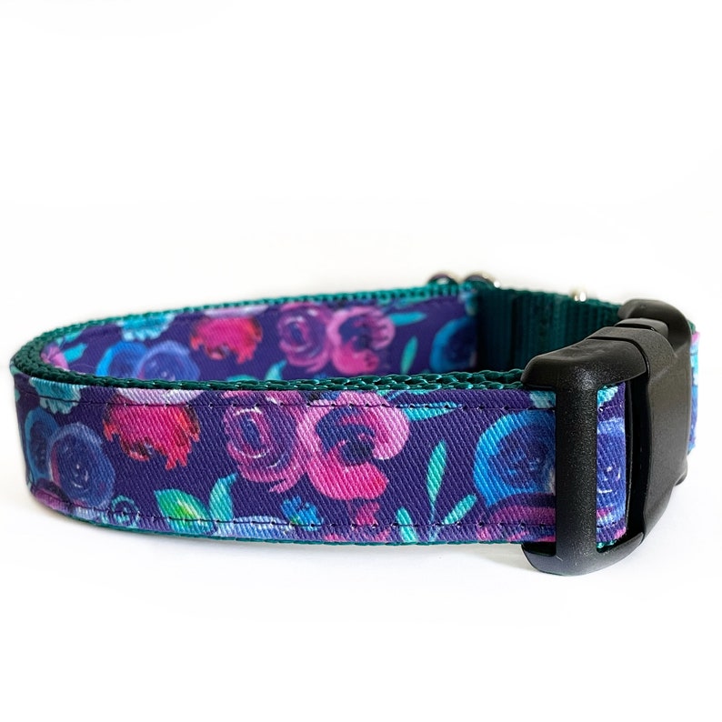 Purple Teal Floral Dog Collar, Teal Green Nylon, Bright Floral, Girl Dog Collar image 1