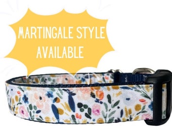 Dog Collar Floral Mustard Yellow Tiny Flowers, Navy Blue, Plastic Buckle, Metal Buckle, Martingale