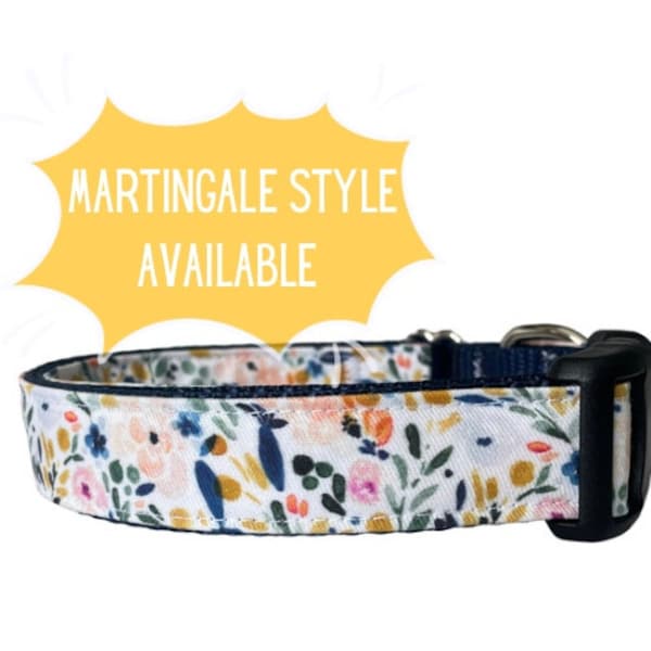 Dog Collar Floral Mustard Yellow Tiny Flowers, Navy Blue, Plastic Buckle, Metal Buckle, Martingale