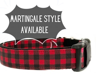 Dog Collar, Red Buffalo Plaid Dog Collar, Black Nylon, Christmas, Gingham, Preppy Collar