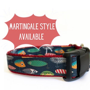 Fishing Lure Dog Collar, Red Nylon, Fish, Outdoor Lake Collar
