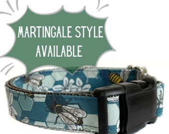 Dog Collar, Honey Bee Fabric Dog Collar, Metal buckle, plastic buckle, Martingale and Personalization Available