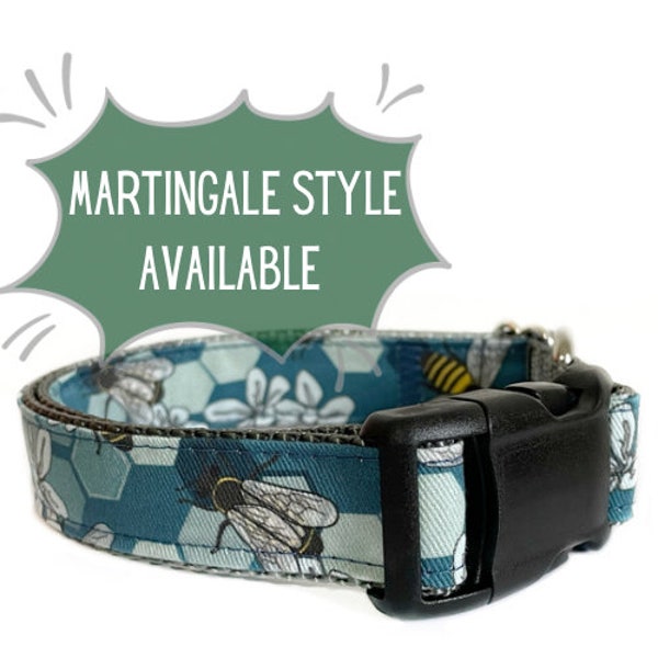Dog Collar, Honey Bee Fabric Dog Collar, Metal buckle, plastic buckle, Martingale and Personalization Available