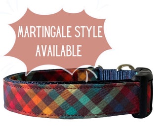 Dog Collar, Retro Plaid Dog Collar, Navy Blue Nylon, Rainbow, Gingham, Preppy Collar