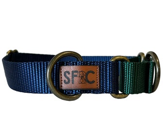 Martingale Dog Collar, Navy and Hunter Green Boutique Style Dog Collar with antique brass hardware