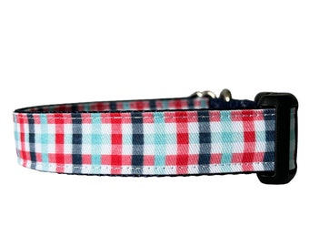 Dog Collar, Gingham, Red and Blue Plaid Fabric Dog Collar, boho chic, minimalist, Metal buckle, plastic buckle, Martingale available