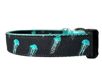 Dog Collar, Aqua Jellyfish, Jellyfish Boho Fabric Dog Collar, Martingale and Personalization Available